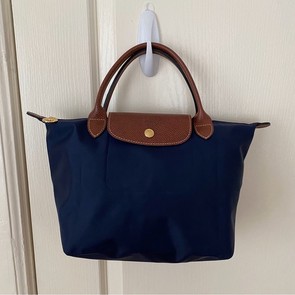 $150 Longchamp Le Pliage Navy Blue Nylon Brown Leather Tote Satchel Bag - Picture 4 of 16